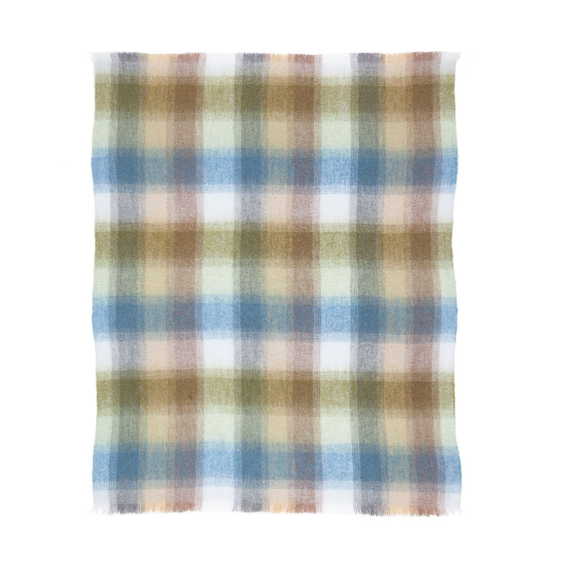 Super-soft, thick luxury mohair throw in natural tones of blue, green & beige checks top quality warm lightweight & cosy