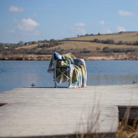 Super-soft, thick luxury mohair throw in natural tones of blue, green & beige checks top quality warm lightweight & cosy