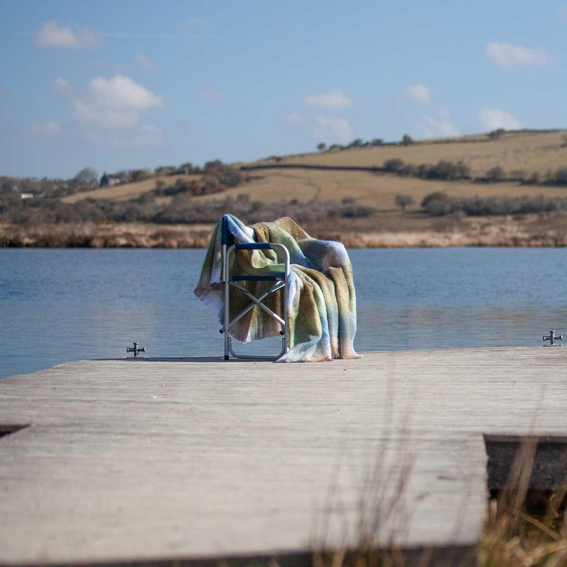 Super-soft, thick luxury mohair throw in natural tones of blue, green & beige checks top quality warm lightweight & cosy