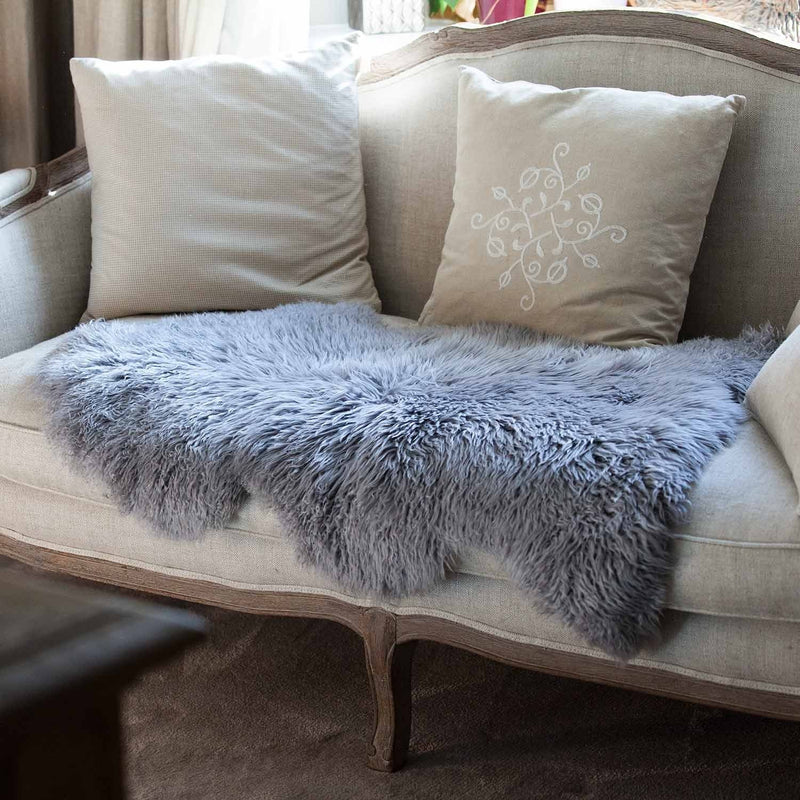 Beautiful long curly wool fleece, pewter grey sheepskin. A stunning boho style soft and silky genuine British sheepskin 