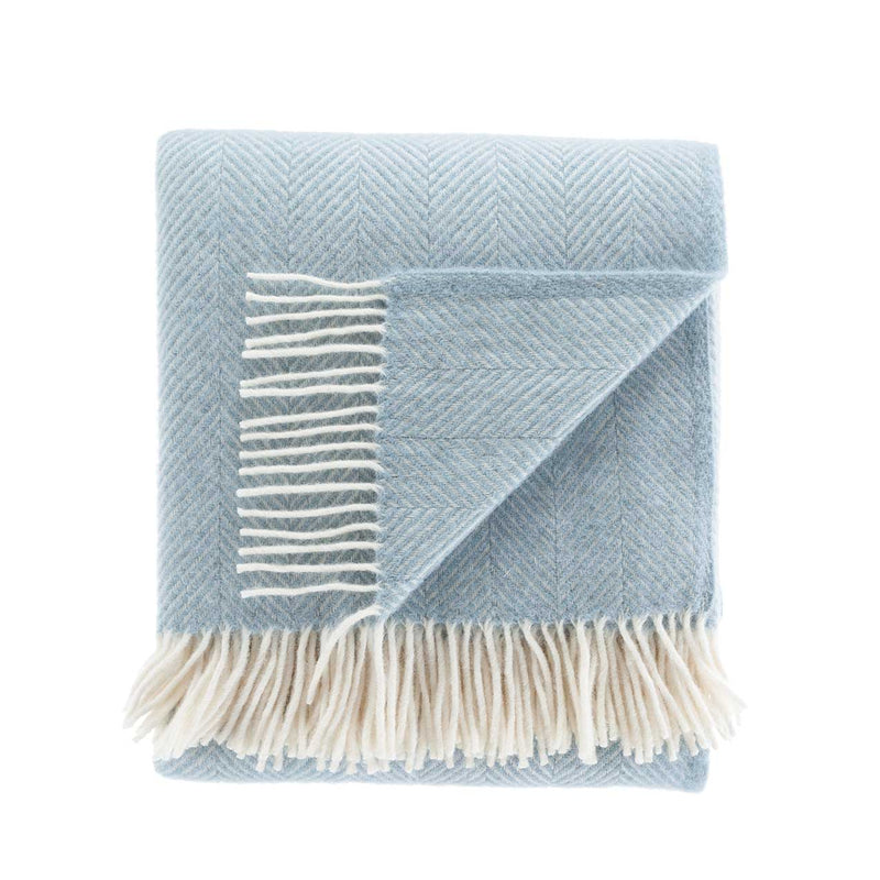 100% pure new wool British-made throw in soft subtle duck egg blue fishbone pattern top-quality From The Wool Company