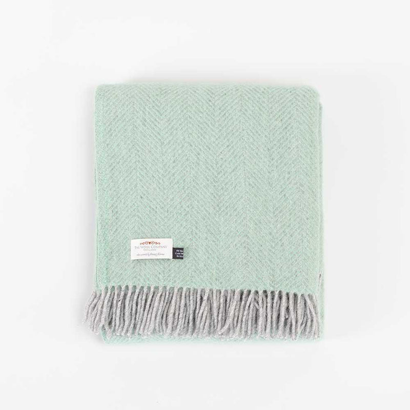  100% pure new wool British-made throw in duck egg green and silver grey herringbone top-quality From The Wool Company