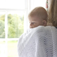 Super-soft Merino lambswool & cotton bland off white traditional design scalloped edge baby shawl made in England top-quality