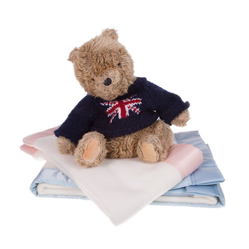 100% super-soft British-made off-white Merino wool classic soft blue satin bound baby blanket cosy & perfect for all seasons