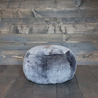 Genuine British sheepskin pouffe, super-soft, thick,& luxurious shorn fleece in silver graphite grey colourway top quality