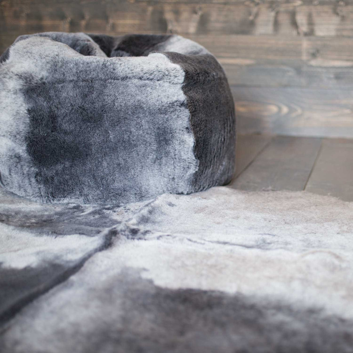 Small size genuine sheepskin bean bag, super-soft, thick,& luxurious shorn fleece in a silver graphite  grey colourway