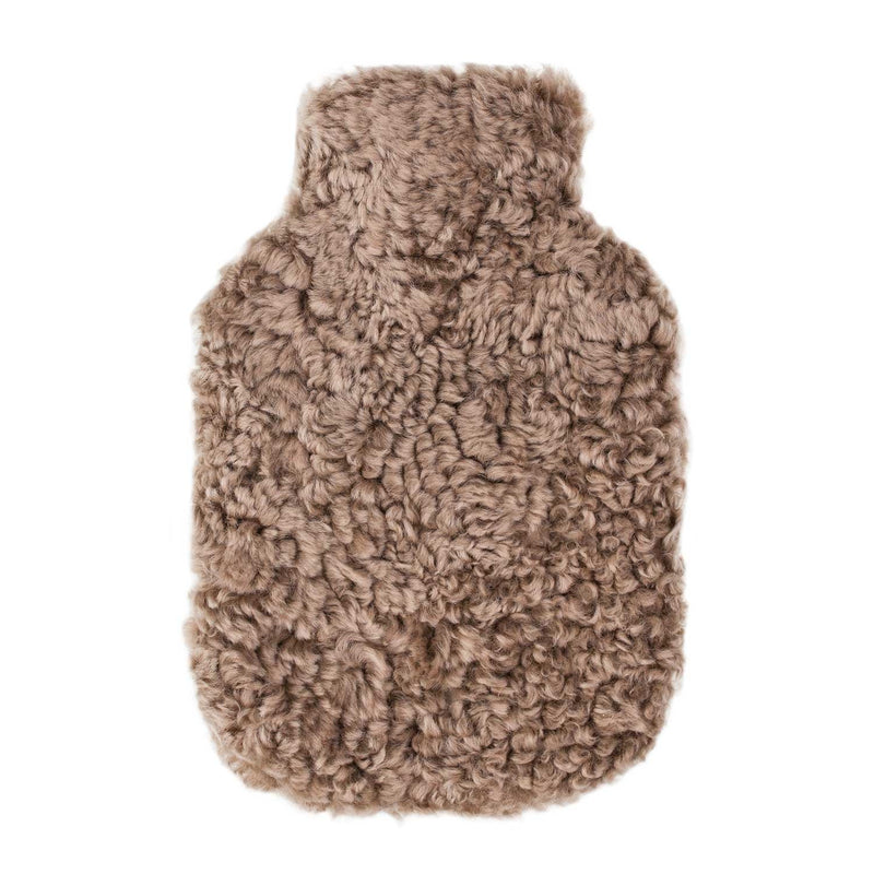 Soft & warm Swedish Curly sheepskin hot water bottle in taupe brown 100% sheepskin cover, bottle included By the Wool Company